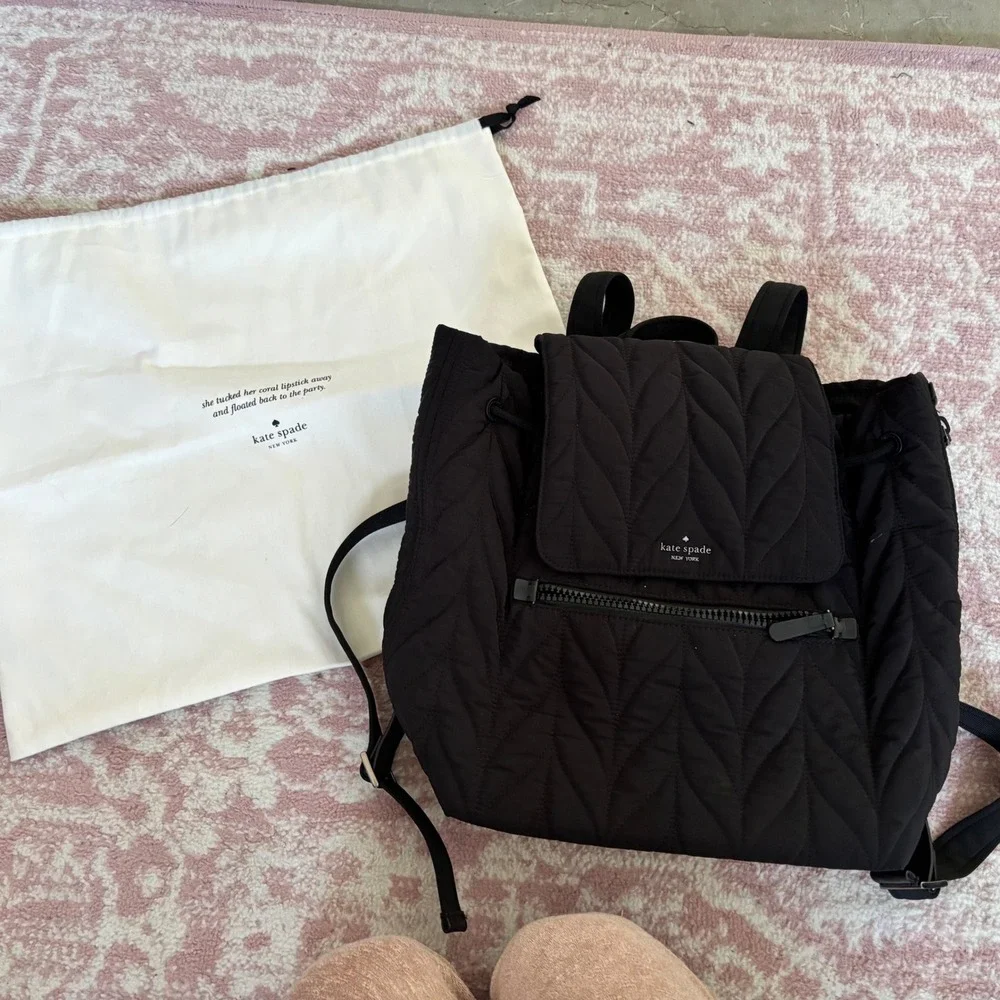 Kate Spade Chelsea Quilted Nylon Backpack Black‎ Large Chevron Flap Drawstring